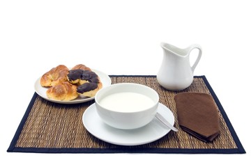 Breakfast: jug, bowl whith milk and some croissants