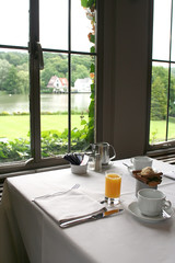 Hotel breakfast  with summer view outside window