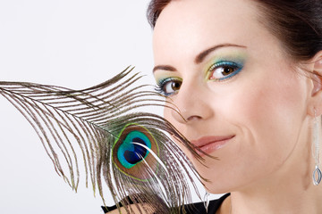Beauty with make up matching to a peacock feather