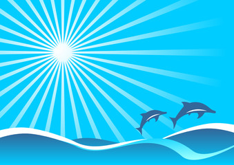 Fototapeta na wymiar Abstract wavy sea under the sun with two dolphin