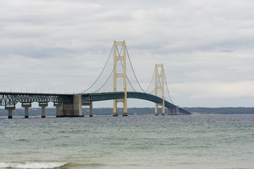 Mackinaw (Mackinac)  bridge on a cloudy day in  Michigan 
