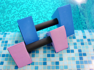 two aqua dumbbells pink blue lie on the coast swimming-pool
