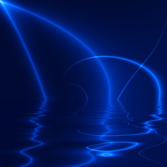 Blue abstract lights in the dark, reflected on a water surface 