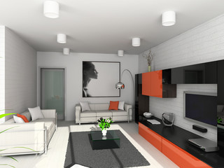 Modern interior. 3D render. Living-room. Exclusive design.