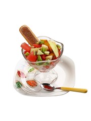 glass dish with fruits on white background