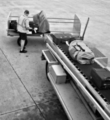 A man is loading luggage onto airplane - B&W version. - obrazy, fototapety, plakaty