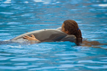 Woman playing with dolphin in swimming pool