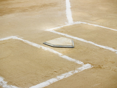 Home plate and chalk lines on a baseball diamond