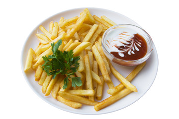 French fries and sauce on a plate, isolated on white background