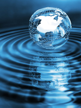 Wireframe Globe On Rippled Water With Reflection