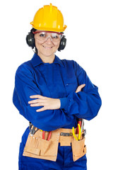Lady construction worker a over white background with notepad