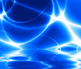  Blue abstract lights in the dark, reflected on a water surface