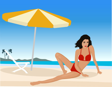 Attractive girl on summer beach - illustration