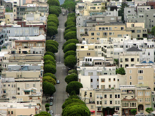 Famous Lombard Street in San Francisco, buildings detail