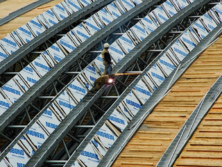 Naklejka premium Construction of a festival amphitheater roof in Vitebsk - 