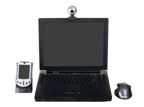  Laptop with a webcam, a PDA and a mouse isolated on white