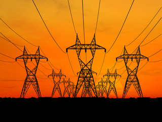 3D Electric powerlines over sunrise