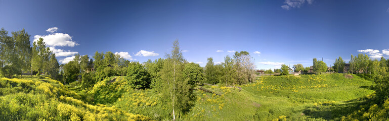 Obraz premium Panoramic photo of spring landscape with blue sky