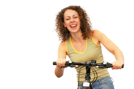 Pretty Woman On A Bicycle Isolated Over A White Background