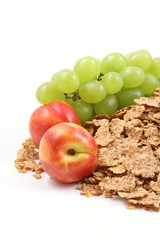 healthy snack - pile of cereals and fresh fruits isolated 