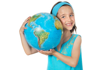 Girl with a globe of the world over white background