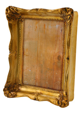 close-up of old gilded frame from perspective isolated on white 