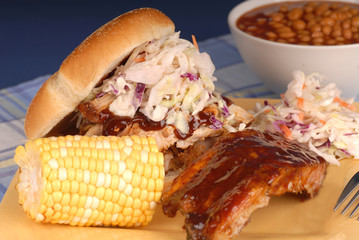 Pulled pork sandwich with slab of ribs, ear of corn, cole slaw 