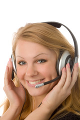 the lovely blonde woman with headset on white background