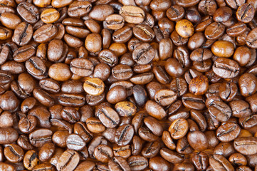Coffee beans background (focus in the first plane)