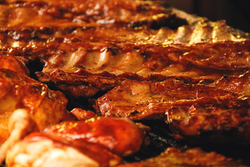 Barbecued chicken and ribs