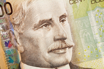 Macro image of canadian hundred dollar bill, close up