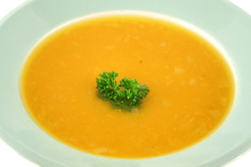 Steaming pumpkin soup ready to serve.