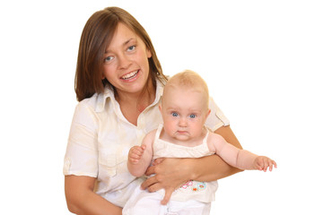 portrait of mother and 8 months daughter isolated on white