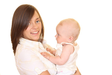 portrait of mother and 8 months daughter isolated on white
