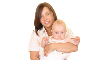 portrait of mother and 8 months daughter isolated on white