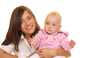 portrait of mother and 8 months daughter isolated on white