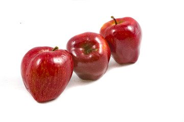 eating autumn red apple on white background