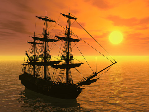 Tall Ship At Sunset - 3D Render