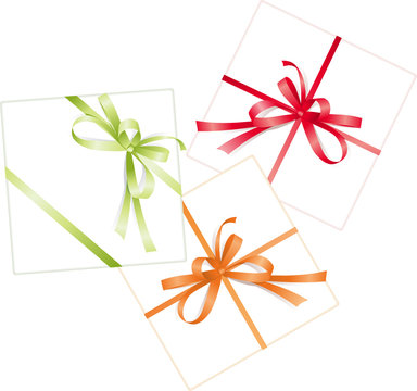 Three presents. Red, orange, green ribbons, bows. Vector 