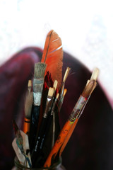 Artist's Tools, Paint brushes, palette knife and feather
