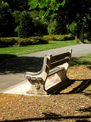 Empty stone bench in Prospect Park, Brooklyn, New York