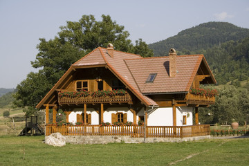 Fototapeta na wymiar Drewniany dom w górach latem