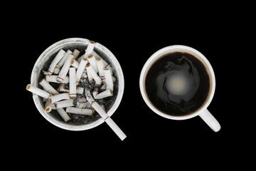 ashtray and coffee cup on black/clipping path