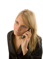 the young woman with mobile phone on white background