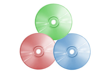 Three compact discs on a white background close up