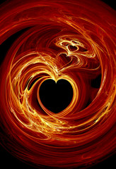 Rendered fractal fire hearts over black background