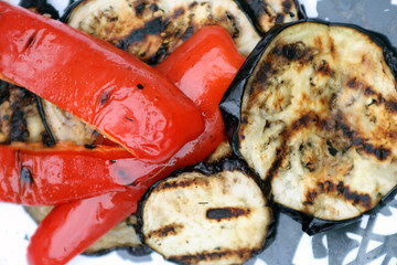 Grilled Eggplant (aubergine) and Grilled Red Peppers on a plate