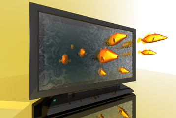 3D render of fish jumps out of a tv