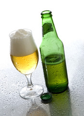 cold beer in glass with bottle beside