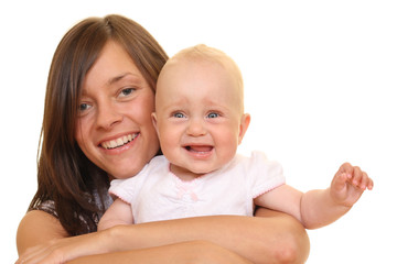 portrait of mother and 8 months daughter isolated on white